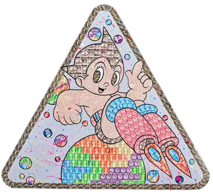 Triangular artwork with a cartoon character and rocket design on a white background