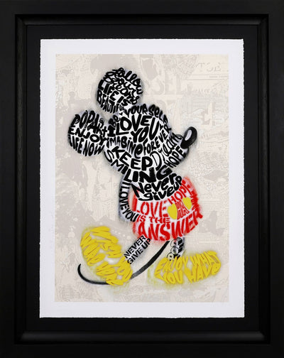 Mr Brainwash painting of Mickey Mouse made using typography which says 'love is the answer' and 'keep smiling' and more.