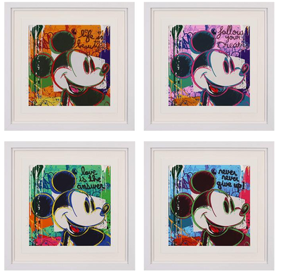 Four Mr Brainwash street art paintings of portraits of Mickey House, they have colours of orange, purple, green and blue.