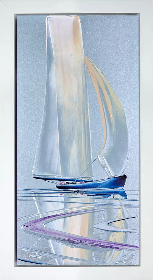 Sailboat with a colorful sail against a light blue background
