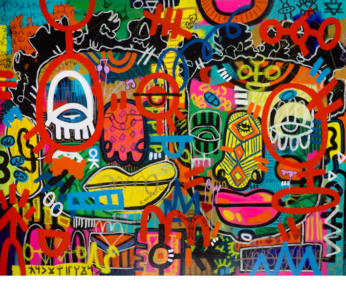 A highly detailed, colorful abstract graffiti-style artwork featuring a dense collage of cartoonish faces, graffiti tags, and graphic elements in bright neon colors like red, yellow, pink, blue, green, and black.