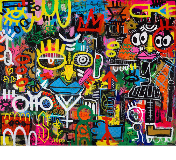 A vibrant, multicolored abstract graffiti-style painting filled with energetic scribbles, cartoon faces, geometric shapes, and bold colors including yellow, pink, blue, green, red, orange, and black.