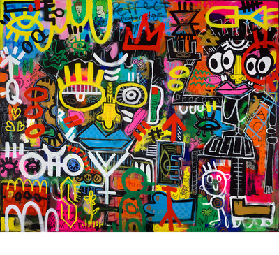 A vibrant, multicolored abstract graffiti-style painting filled with energetic scribbles, cartoon faces, geometric shapes, and bold colors including yellow, pink, blue, green, red, orange, and black.