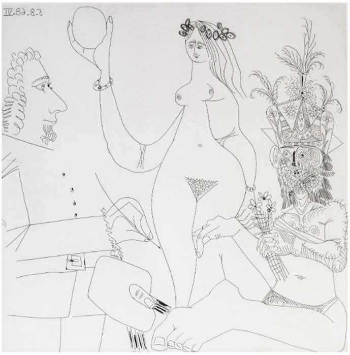 Painter in front of one of Raphael's Three Graces, and a Woodsman in a Party Hat