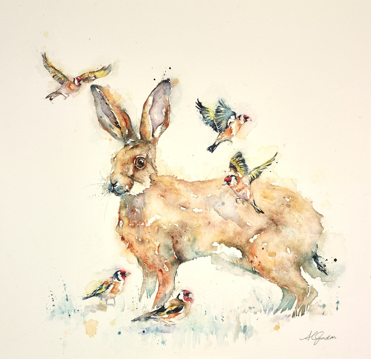 Meadow Hare with Goldfinches