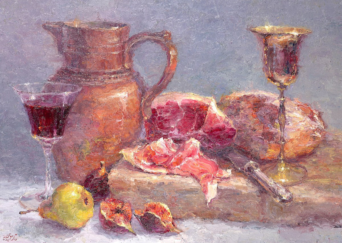 Still Life with Prosciutto,Wine Jug and Pear