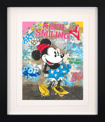 Mr Brainwash painting of Minnie Mouse wearing a blue polka dot skirt and red hat in front of a graffiti wall.

