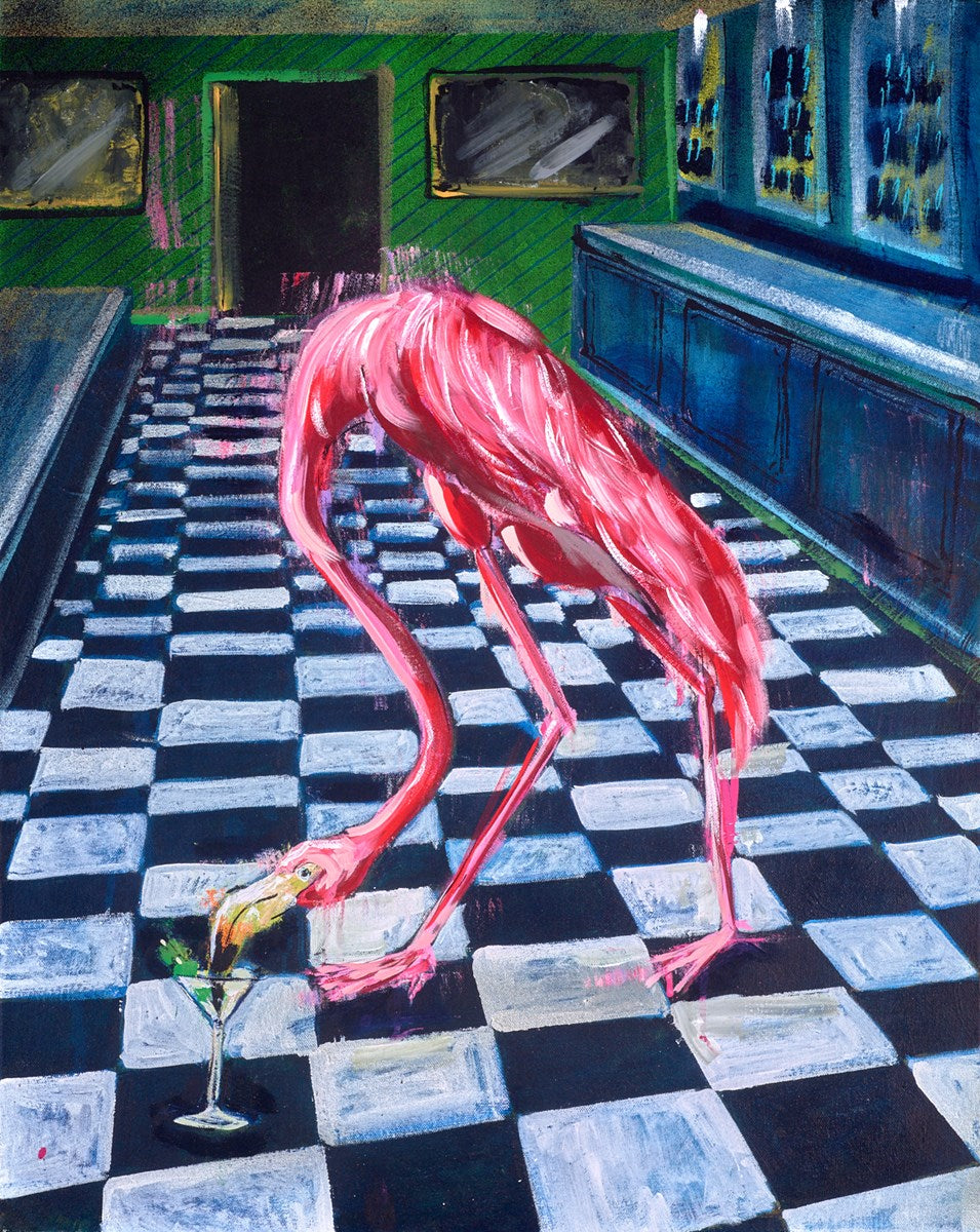 Flamingo drinking from a cocktail glass