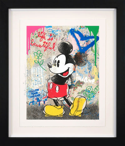 Mr Brainwash painting of Mickey Mouse in front of a graffiti background.
