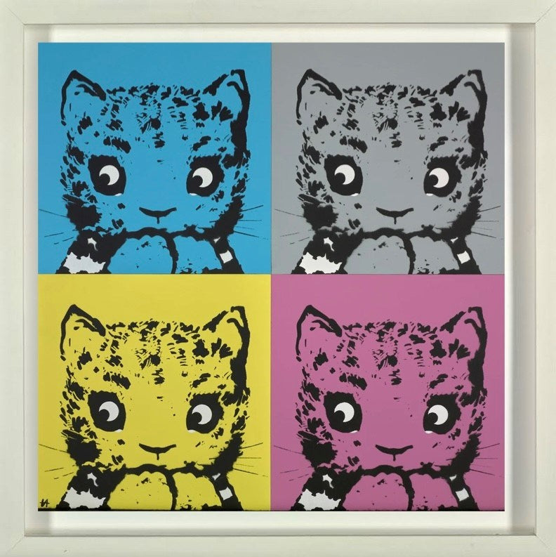 Blue / Grey / Yellow / Pink Cats (Framed)